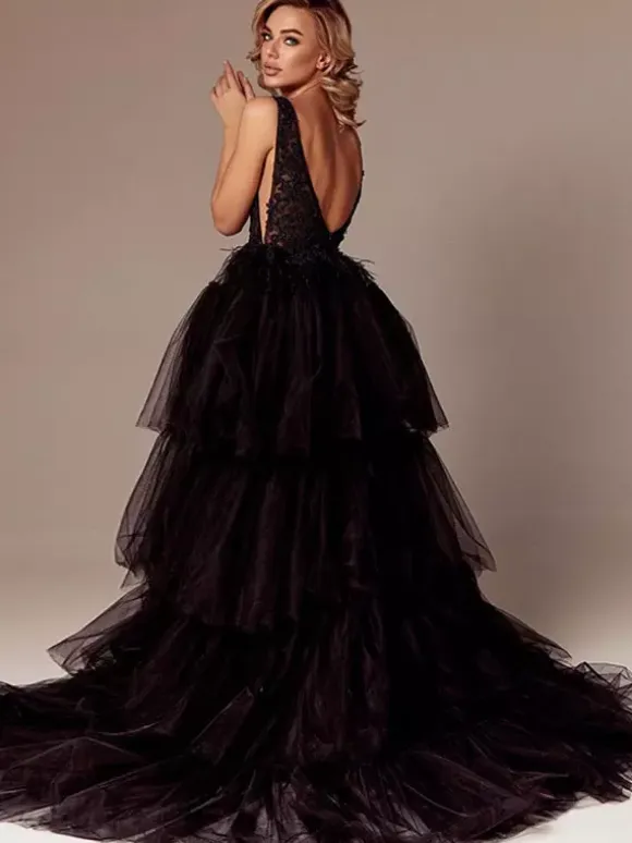 Black Wedding Dresses A-Line Sleeveless Lace Sweep Bridal Gown Free Customization