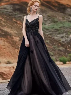 Black Wedding Dresses A-Line Sleeveless Lace With Train Bridal Dress Free Customization