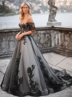 Black Wedding Dresses A-Line Sleeveless Lace Tulle With Train Bridal Gown