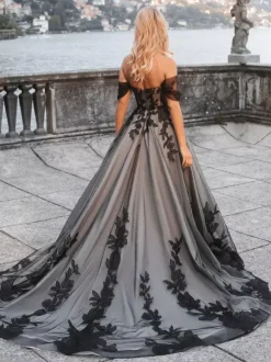 Black Wedding Dresses A-Line Sleeveless Lace Tulle With Train Bridal Gown