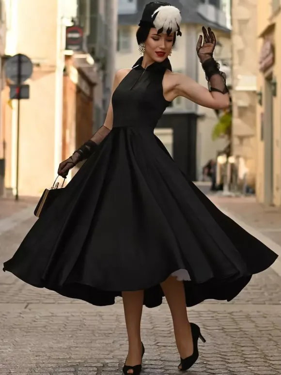 Black Wedding Dresses A-Line Sleeveless Satin Fabric Tea-Length Bridal Gown