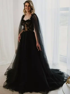 Black Wedding Dresses A-Line Sleeveless Lace With Train Bridal Dress Free Customization