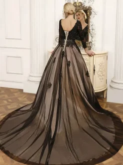 Black Wedding Dresses A-Line Long Sleeves Lace With Train Bridal Gown Free Customization