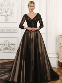 Black Wedding Dresses A-Line Long Sleeves Lace With Train Bridal Gown Free Customization