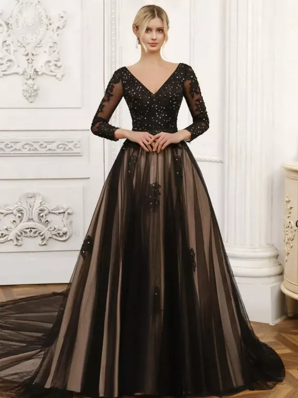 Black Wedding Dresses A-Line Long Sleeves Lace With Train Bridal Gown Free Customization