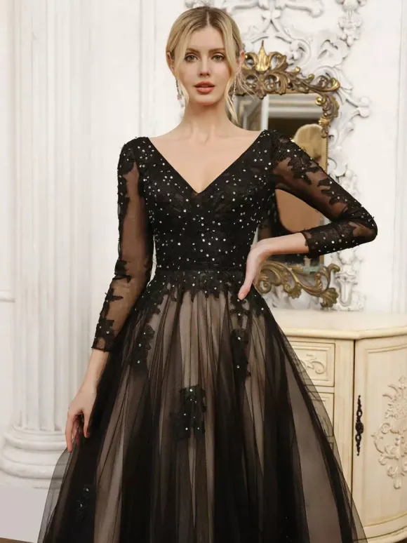 Black Wedding Dresses A-Line Long Sleeves Lace With Train Bridal Gown Free Customization