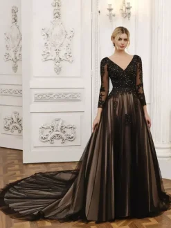 Black Wedding Dresses A-Line Long Sleeves Lace With Train Bridal Gown Free Customization
