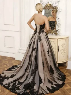 Black Wedding Dresses A-Line Sleeveless Lace With Train Bridal Gown Free Customization