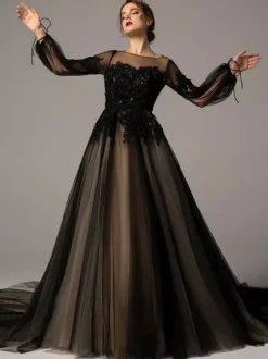Black Wedding Dresses A-Line Jewel Neck Long Sleeves Tulle Lace With Train Bridal Dress Free Customization