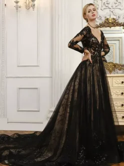 Black Wedding Dresses Lace A-Line Long Sleeves With Train Bridal Gown Free Customization