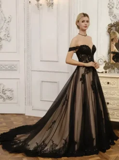 Black Wedding Dresses Lace A-Line Sleeveless With Train Bridal Gown Free Customization