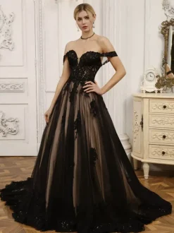 Black Wedding Dresses Lace A-Line Sleeveless With Train Bridal Gown Free Customization