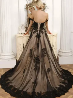 Black Wedding Dresses Lace A-Line Sleeveless With Train Bridal Gown Free Customization