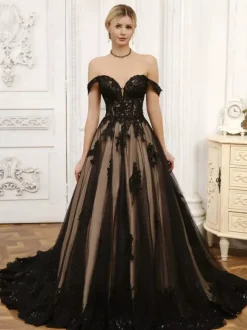Black Wedding Dresses Lace A-Line Sleeveless With Train Bridal Gown Free Customization