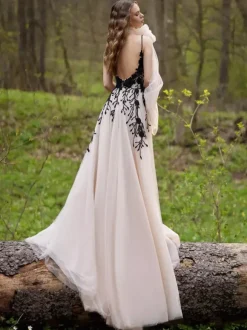Black Wedding Dresses Lace A-Line Sleeveless Natural Waist Lace Sweep Bridal Dress