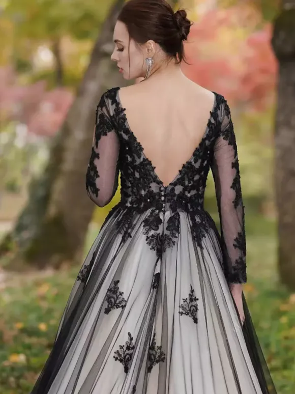 Black Wedding Dresses Lace A-Line Long Sleeves Floor-Length Bridal Gown Free Customization