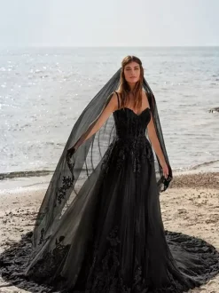 Black Wedding Dresses Lace A-Line Sleeveless Natural Waist Applique With Train Bridal Gown