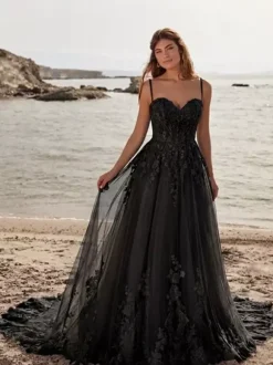 Black Wedding Dresses Lace A-Line Sleeveless Natural Waist Applique With Train Bridal Gown