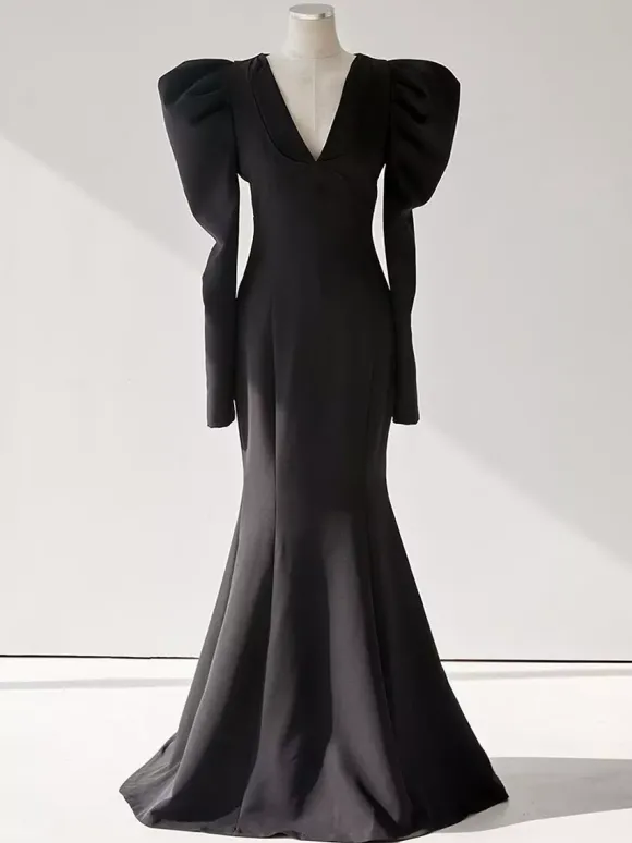 Black Wedding Dresses Mermaid Long Sleeves Floor-Length Bridal Dress Free Customization