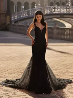 Black Wedding Dresses Mermaid Sleeveless Lace Tulle With Train Bridal Dress