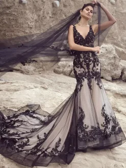 Black Wedding Dresses Mermaid Sleeveless Lace With Train Bridal Dress Free Customization
