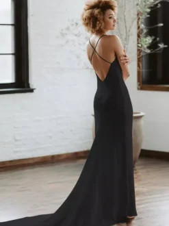 Black Wedding Dresses Mermaid Sleeveless Satin Fabric With Train Bridal Gown