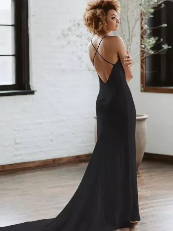 Black Wedding Dresses Mermaid Sleeveless Satin Fabric With Train Bridal Gown
