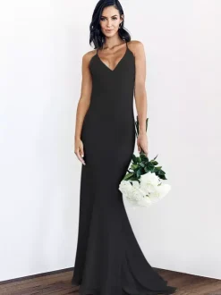 Black Wedding Dresses Mermaid Sleeveless Satin Fabric With Train Bridal Gown
