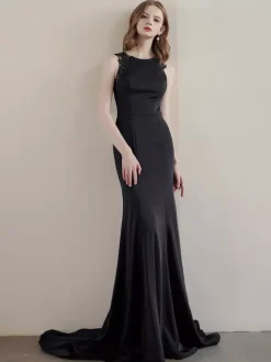 Black Wedding Dresses Mermaid Sleeveless Lace Stretch Crepe With Train Bridal Gown