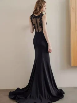 Black Wedding Dresses Mermaid Sleeveless Lace Stretch Crepe With Train Bridal Gown
