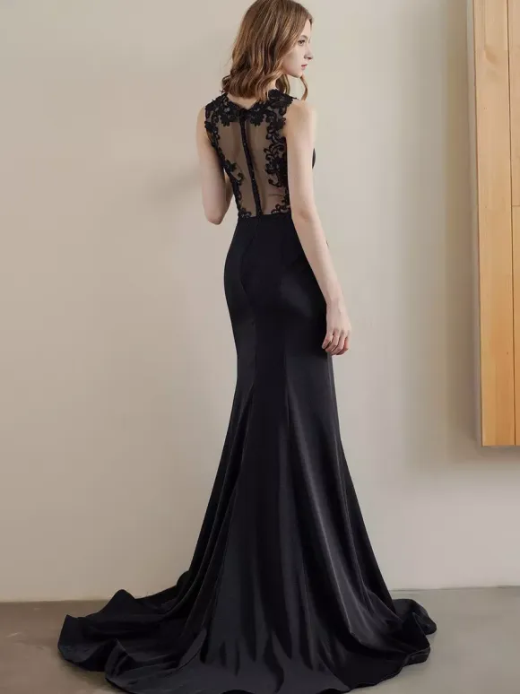 Black Wedding Dresses Mermaid Sleeveless Lace Stretch Crepe With Train Bridal Gown