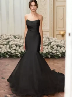 Black Wedding Dresses Satin Fabric Mermaid Sleeveless Floor-Length Bridal Dress Free Customization