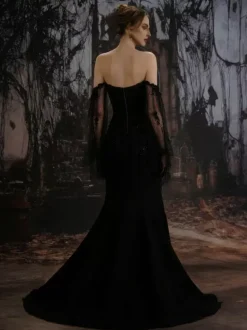 Black Wedding Dresses Satin Fabric Mermaid Long Sleeves Natural Waist Sequins With Train Bridal Gown