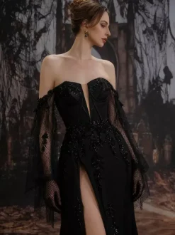 Black Wedding Dresses Satin Fabric Mermaid Long Sleeves Natural Waist Sequins With Train Bridal Gown