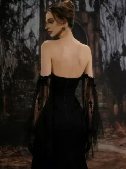 Black Wedding Dresses Satin Fabric Mermaid Long Sleeves Natural Waist Sequins With Train Bridal Gown
