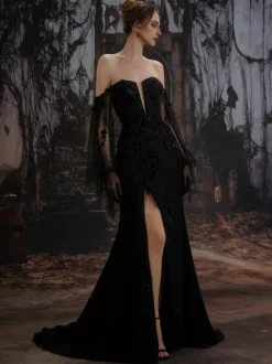 Black Wedding Dresses Satin Fabric Mermaid Long Sleeves Natural Waist Sequins With Train Bridal Gown