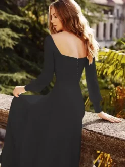 Black Wedding Dresses Satin Fabric A-Line Long Sleeves Natural Waist With Train Bridal Gown