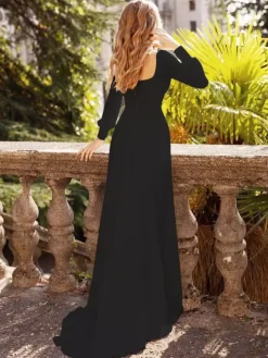 Black Wedding Dresses Satin Fabric A-Line Long Sleeves Natural Waist With Train Bridal Gown