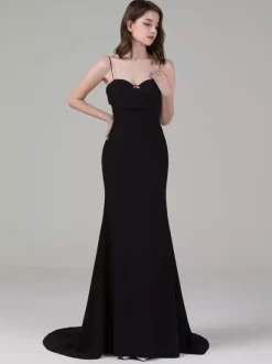Black Wedding Dresses Stretch Crepe Mermaid Sleeveless Beaded With Train Bridal Gown Free Customization