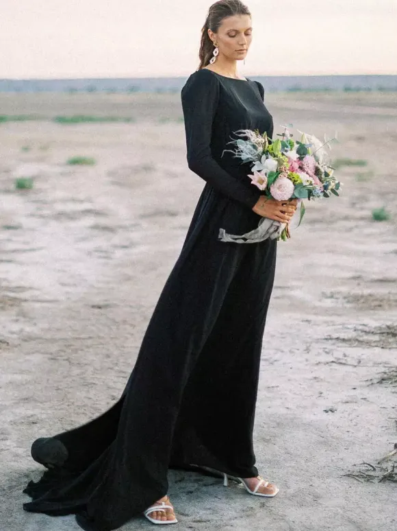 Black Wedding Dresses Stretch Crepe A-Line Long Sleeves With Train Bridal Gown Free Customization