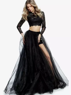 Black Wedding Dresses Two-piece Long Sleeves Lace With Train Bridal Dress Free Customization