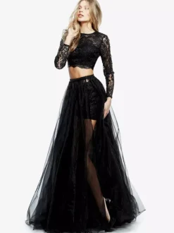 Black Wedding Dresses Two-piece Long Sleeves Lace With Train Bridal Dress Free Customization