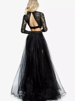 Black Wedding Dresses Two-piece Long Sleeves Lace With Train Bridal Dress Free Customization