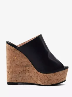 Black Wedge Heels Peep Toe Platform Backless Wedge Slippers