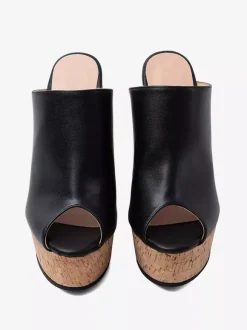 Black Wedge Heels Peep Toe Platform Backless Wedge Slippers