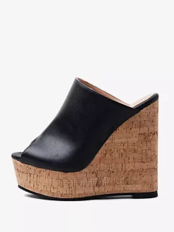 Black Wedge Heels Peep Toe Platform Backless Wedge Slippers
