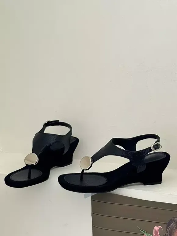 Black Wedge Sandals Flip Flops Metal Detail Sandal Shoes
