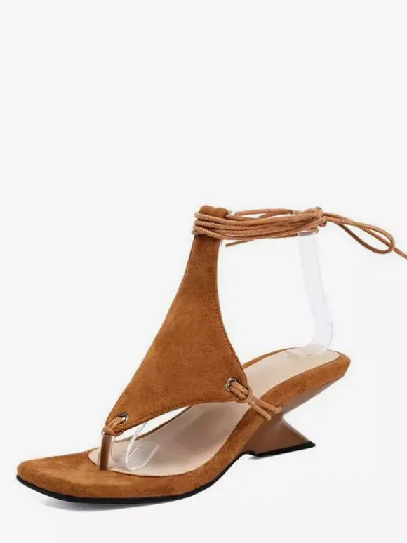 Black Wedge Sandals Women's Thong Lace Up Designed Heel Sandals