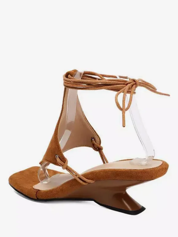 Black Wedge Sandals Women's Thong Lace Up Designed Heel Sandals