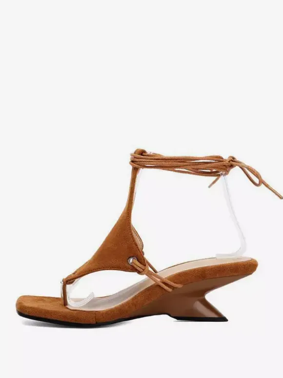 Black Wedge Sandals Women's Thong Lace Up Designed Heel Sandals